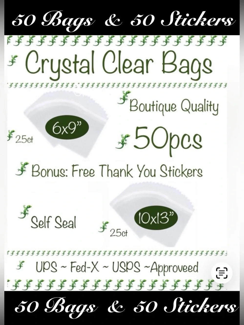 50pcs~ Bundle 25 (6x9”) & 25 (10x13”) Clear Cello Bags w/50ct Free Stickers 🦎🆕